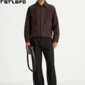 Oem Odm <b>Suede</b> Contrast Stitch <b>Jacket</b> <b>Men</b> Dark Brown Two Way Zipper Windbreaker Streetwear Outerwear Manufacturers Bulk - Product Image 1
