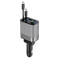 Chargeur de voiture multifonctionnel avec deux câbles rétractables, affichage LED de la tension, prise en charge des appels Bluetooth et de la transmission audio