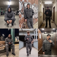 Ensemble survêtement streetwear hip-hop pour homme : Blouson bomber gris anthracite délavé et pantalon cargo, broderie, vêtements d'extérieur zippés
