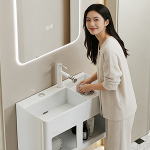 Lavabo da <span class=keywords><strong>Bagno</strong></span> in Ceramica a Parete con Scarico a Controlli Integrati, Lavatoio Incorporato e Vano Portaoggetti Integrato - Product Image 5