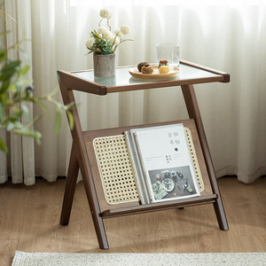 Japanese Style Rattan Glass <b>Side</b> <b>Table</b> With Storage For Living Room <b>Sofa</b> Coffee <b>Table</b> Bedside Use - Product Image 2