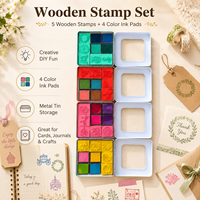 Kit de fabrication de tampons en caoutchouc avec 5 tampons en bois, 4 tampons encreurs colorés, boîte en métal pour la création de cartes, le scrapbooking, le journaling et la papeterie DIY