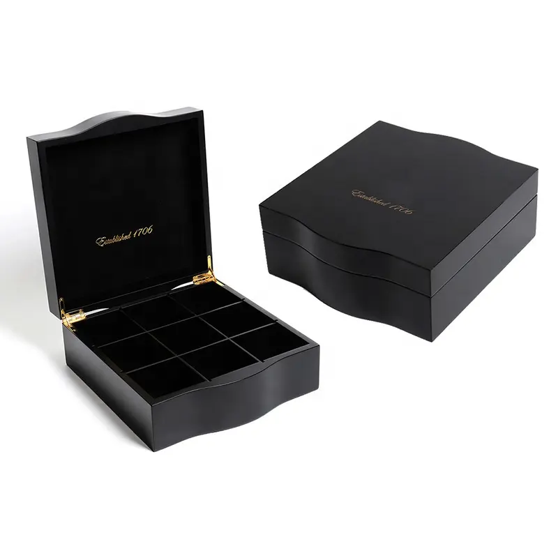 Caixa de embalagem preta de boa acabamento, embalagem de luxo, logotipo, presente, marca de madeira, caixas de chá para chá