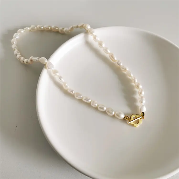 SP Fine Jewelry 925 Sterling Silver Gold Plated Flower OT Lock Freshwater Pearl Bead Chain Necklace