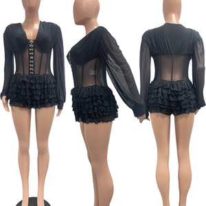 NY8207 Women's Sexy Fashion Casual <strong>Mesh</strong> Splicing Ruffled Above Knee Jumpsuit See-Through Bodycon Summer Romper Clubwear <strong>Playsuit</strong> - Product Image 6