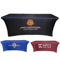 Housse de table ajustée en spandex personnalisée par sublimation, avec logo imprimé, extensible, rectangulaire, pour décoration de salon professionnel
