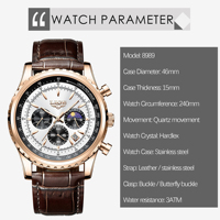 LG8989 Jam Tangan Pria Quartz Tiga Jarum Kecil Mewah Bisnis Kronograf Baja Tahan Karat Kulit Multifungsi Olahraga.