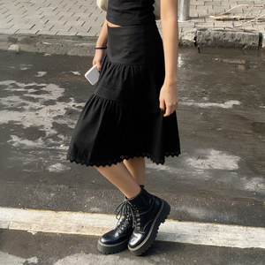 Dark Gothic Punk Style Women's Breathable Natural Waist Midi <b>Skirt</b> High Quality Lace Trim Loose A-Line Casual Streetwear - Product Image 3