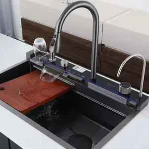 Popular Large Single Slot Multifunction Sink Anti-Scratch LED Digital Display Waterfall Kitchen Sink With Cup Washer