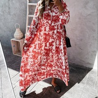 Vente en gros Robe décontractée florale d'automne à volants Col montant ceinture Robe d'été imprimé en toile de soie Robes longues fluides plissées grande taille pour femmes