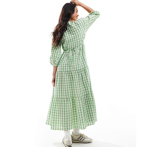 Abito di design da donna alla <span class=keywords><strong>moda</strong></span> con stampa a quadretti <span class=keywords><strong>Maxi</strong></span> abito Casual elegante con scollo a V 3/4 manica a lanterna abiti in cotone modesto - Product Image 4