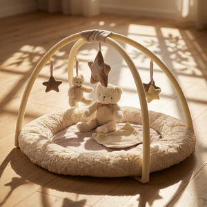 Tapis d'éveil minimaliste crème pour bébé avec pare-chocs rembourré, centre d'activités sensorielles, jouets étoiles détachables, tapis neutre pour le temps sur le ventre - Product Image 3