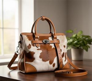 Sac fourre-tout élégant pour femme en cuir véritable, motif bicolore en cuir de vachette à poils, fermeture à rabat, toutes saisons, usage quotidien - Product Image 1
