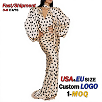 Robe longue élégante de printemps pour femme, style vintage à pois, col en V, manches bouffantes, taille cintrée, en satin anti-plis, vente en gros
