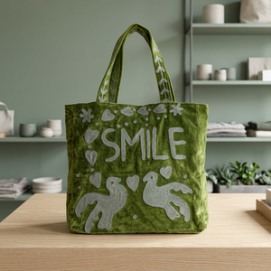 กระเป๋าโท้ทกำมะหยี่สีเขียวสั่งทำขายส่ง พร้อมลายปักอักษร SMILE สีเงิน รูปหัวนกพิราบ หัวใจ และลายดอกไม้ - Product Image 2