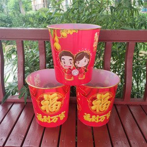 Red Plastic Trash Can Cylindrical Gold Rim Decorative Indoor Outdoor Waste <b>Bin</b> For <b>Bathroom</b> Festival Use - Product Image 4