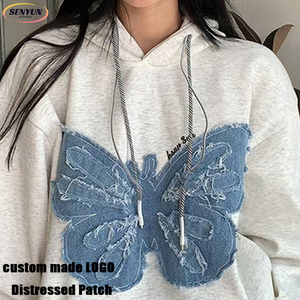 Oem özel Vintage pamuk Zip up sıkıntılı nakış yama ağır Unisex kazak boy Hoodies sıkıntılı yamalar - Product Image 1