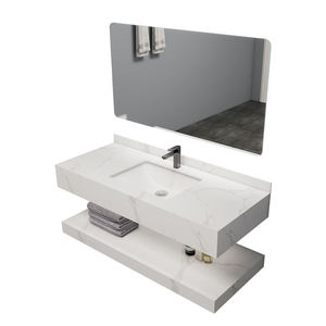 Mueble de Baño Moderno de Pared con Aspecto de Mármol Blanco, Personalizado al por Mayor, con Doble Estante de <span class=keywords><strong>Piedra</strong></span> y Espejo LED para Hotel - Product Image 6