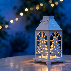 Wholesale White Iron Handmade Lead Free Candle Holder Lantern with Christmas <b>Tree</b> Cutwork for Home Decoration - Product Image 2