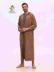 Al Haramain <b>Men's</b> Brown Cotton <b>Thobe</b> Three-Quarter Sleeve Embroidered Ankle Length Prayer Robe Loose Fit Middle East Style - Product Image 3