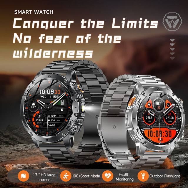 AK87 Outdoor Smart Watch Big Screen 1.7" HD Large Screen 100+ Sports BT Call Flashlight Compass Fitcloudpro IP68 SOS Smartwatch