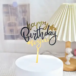 Decorações de festa feliz personalizadas por atacado, topper de bolo de luxo com desenhos verticais, acrílico dourado, toppers de aniversário de casamento para bolos