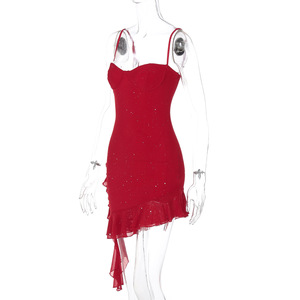 Abito Estivo da Donna 2026 ODM Stile Club con Scollo a V Asimmetrico, Plissettato e con Volant, Sexy e Dolce in Spandex/Nylon - Product Image 2