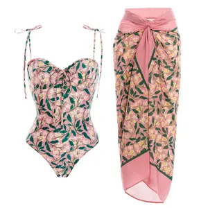 2023 New smocked tắm phù hợp với Ruffle Bikini Set phụ nữ cổ điển Floral bơi phù hợp với với bãi biển sarong