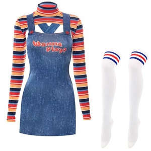 <span class=keywords><strong>Disfraz</strong></span> de Halloween <span class=keywords><strong>Scream</strong></span> para mujer, <span class=keywords><strong>disfraz</strong></span> de muñeca asesina espeluznante, Tops de manga larga de cuello alto, conjunto de monos cortos con medias - Product Image 3