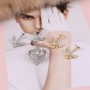 Conjunto de Anillo y Pendientes de Plata S925 DIY, con Cuentas Incrustadas en Forma de V, Nuevos Accesorios para Mujeres de Hong Kong - Product Image 2