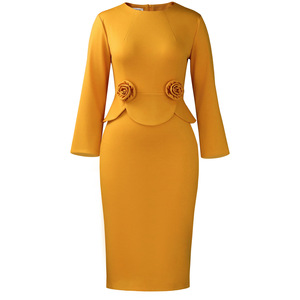 เดรสทรงบอดี้คอนแบบเปปลัมสำหรับผู้หญิง - แต่งลายดอกไม้ 3 มิติที่เอว แขนยาว ชุดเดรสออกงานสไตล์แอฟริกันสำหรับผู้หญิง แฟชั่น - Product Image 6