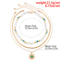 Collier vintage bohème à trois couches avec pendentif soleil turquoise, perles œil porte-bonheur, bijoux empilables pour cadeau