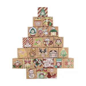 Grosir kemasan hadiah festival Natal bahan kertas kraft 24 buah kotak kedatangan kalender Natal untuk hadiah Natal