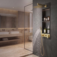Ensemble de douche encastré haut de gamme poli avec étagère de rangement LED, pommeau de douche pluie douce, douchette à main et mitigeur