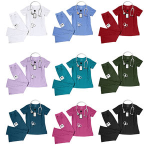 인기있는 다기능 포켓 디자인 V 넥 의료 유니폼 스크럽 세트 미용실 유니폼 탑 + 스트레이트 팬츠 스크럽 - Product Image 6