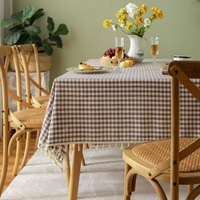 Nappe en coton et lin à motif géométrique, style moderne, mini-échiquier, à pompons, technique tissée, anti-taches, pour hôtels et maisons, vente en gros