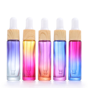 Rainbow 10ml Botella cuentagotas de vidrio Botella de aceites esenciales Muestra Gradiente de color Gotero Vial Perfume con tapa de plástico de grano de madera - Product Image 4