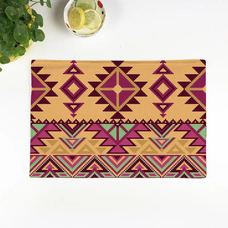 Aztec Place Mats Colorful Geometric Shapes on Teal Backdrop Cheerful Design Culture Washable Fabric Placemat