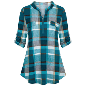 Chemisier Tunique Femme à Manches Longues, Fermeture Éclair Simple, Motif Floral, Décontracté, en Satin, Mousseline, Popeline, Lin, Respirant, Style Plaid, Digital ODM - Product Image 4