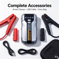 Démarreur de voiture 12V portable, booster de batterie automobile, batterie externe avec pinces intelligentes et lumière LED pour assistance d'urgence sur la route