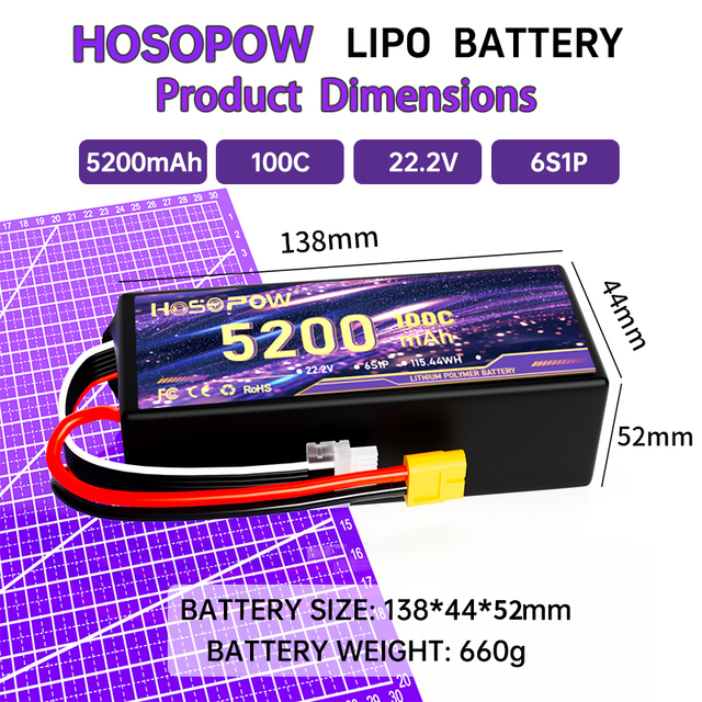 Hosopow High Performance 6S 22.2V 5200mAh Rechargeable 500+ Cycles High Rate LiPo Agricultural Drone Battery