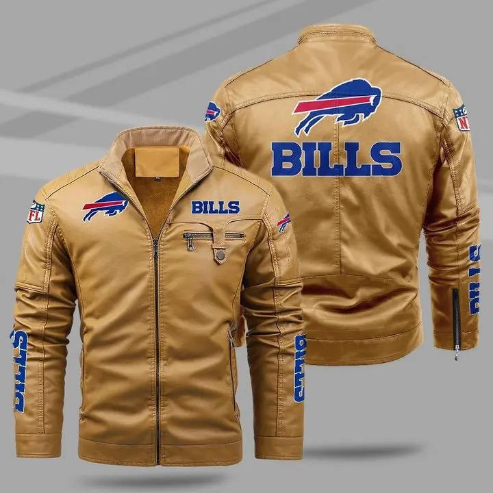 Hot Sale NFL American Football Teams Bills Plush Thick Cotton Inside Pullover Design PU Trendy Plus Size Leather Coat Men