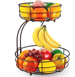 厨房洗浴玩具整理机金属OEM标志商店展示架便宜的2层柜台顶部水果篮支架，带香蕉挂钩