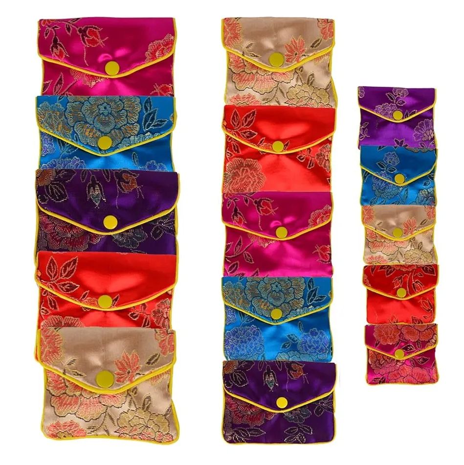 Monedero de seda para joyería, borla de brocado, doble cremallera, bolsas de regalo para monedas, diseño de flores, bolso cuadrado bordado de estilo chino