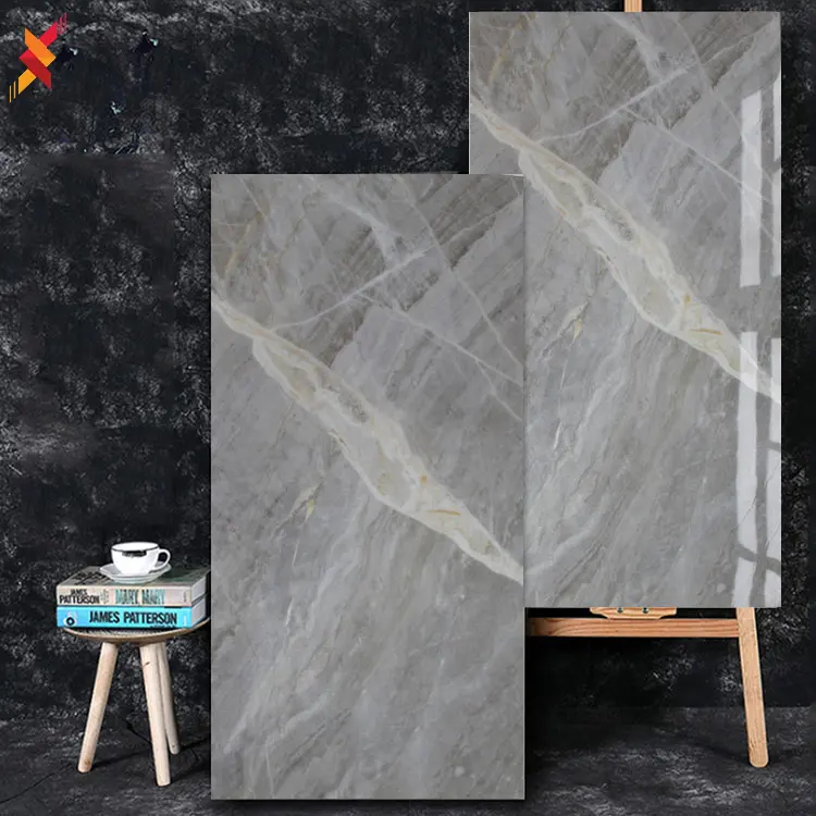 Luxury dark gray marble look porcelain floor big slab tiles