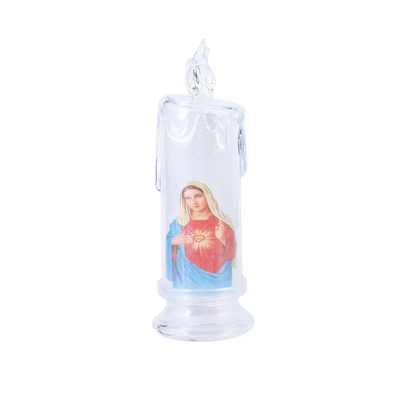 Europa in movimento stoppino candela cristiana ha portato luce chiesa di plastica LED candela con Madonna cristiana foto lampada notturna