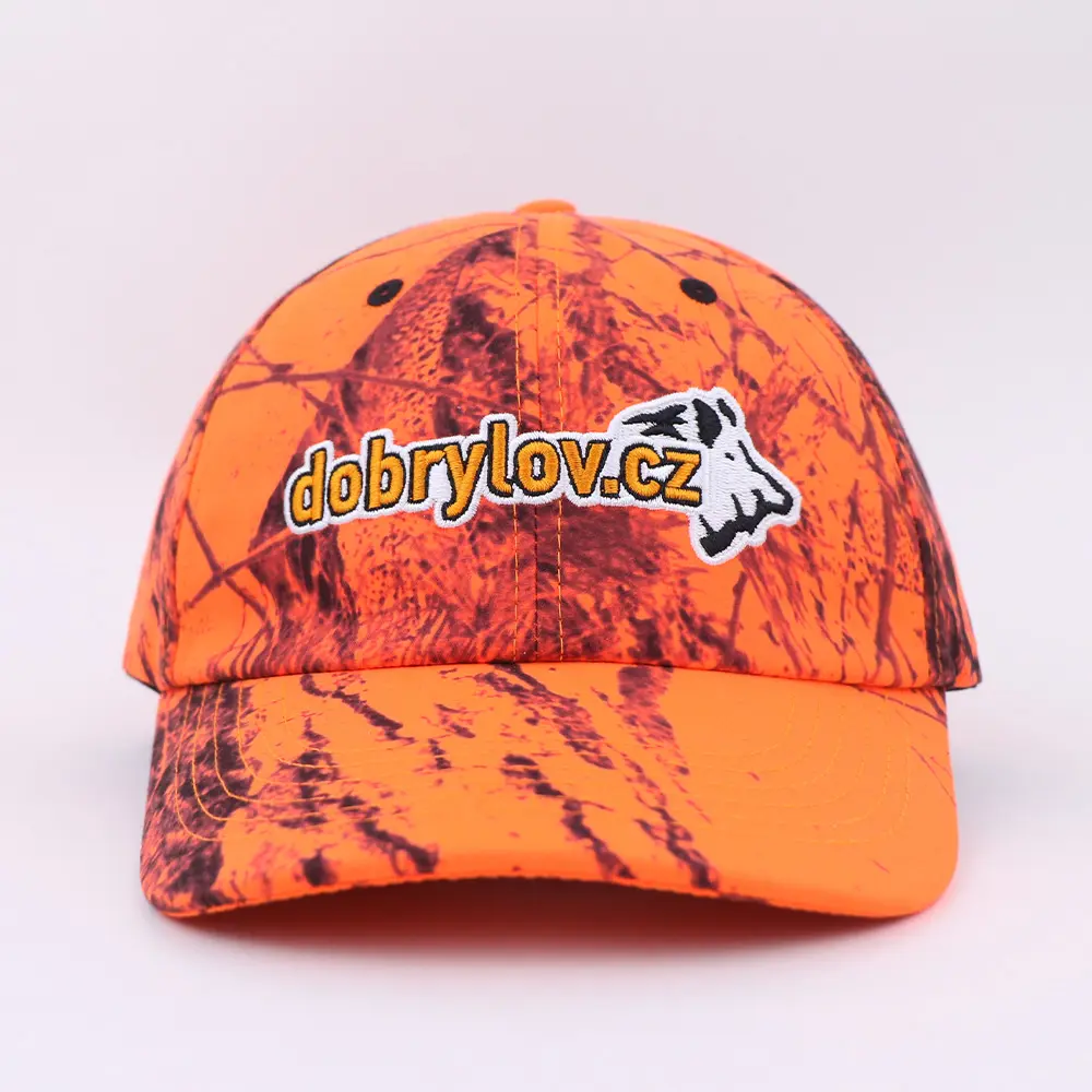 Qianzun logo brodé non structuré 6 panneaux casquette camouflage de chasse orange pour hommes