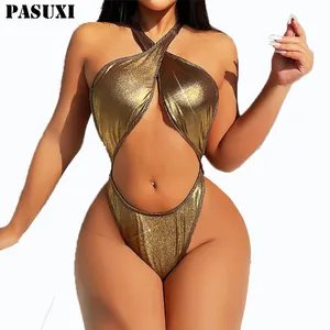 PASUXI OEM New Sparkle Monokini Sets Brazilian Bikini Sexy Women Wearing Solid Color Custom Logo Swimwear 1 Piece Swimsuit