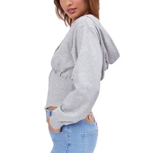 สินค้ามาใหม่ ราคาขายส่ง ผ้าฝ้าย 100% แฟชั่นสไตล์เรโทรลำลอง ทรงเข้ารูป แจ็คเก็ตครอปแบบมีฮู้ดสีเทาล้วน - Product Image 5