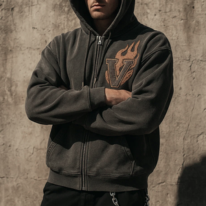 OEM Conception Personnalisée 600Gsm Poids Lourd Streetwear Surdimensionné Vintage Lavé Applique Flamme Lettre Patch Pull À Capuche Automne - Product Image 1